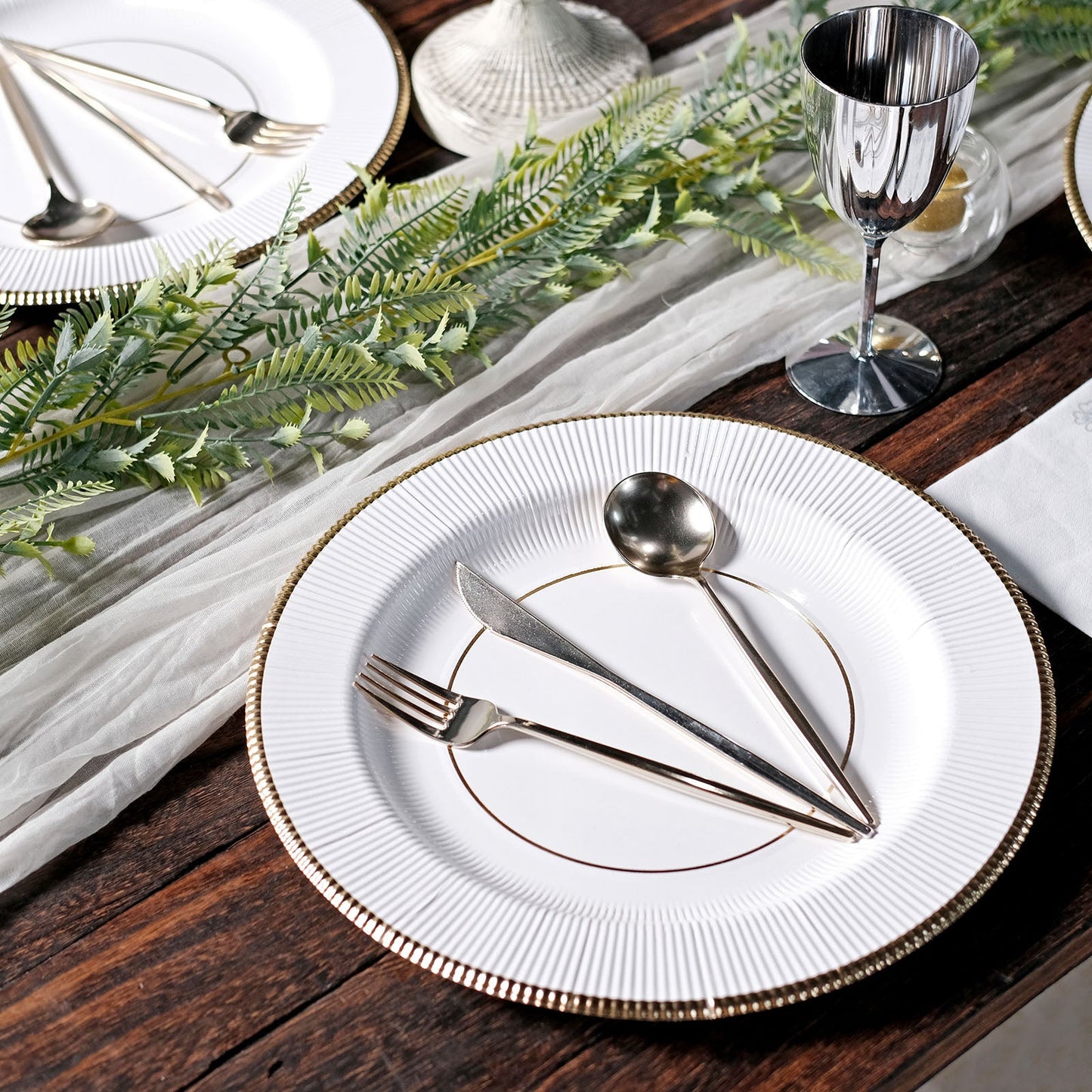 White Cardboard Disposable Charger Plate with Gold Edges 13 Inch Serving Tray Sunray Design