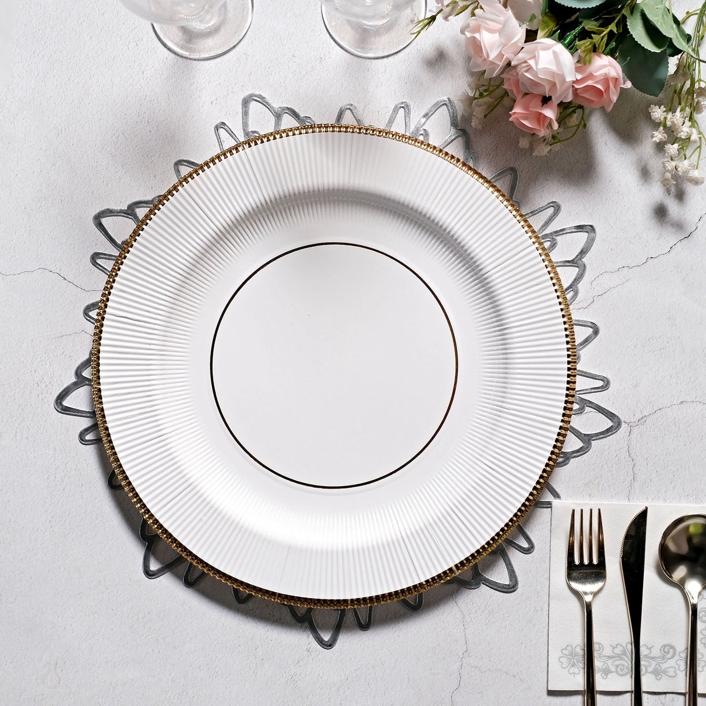 25 Pack | Sunray White 13" Disposable Charger Plates, Cardboard Serving Tray, Round with Gold Edges - 350 GSM