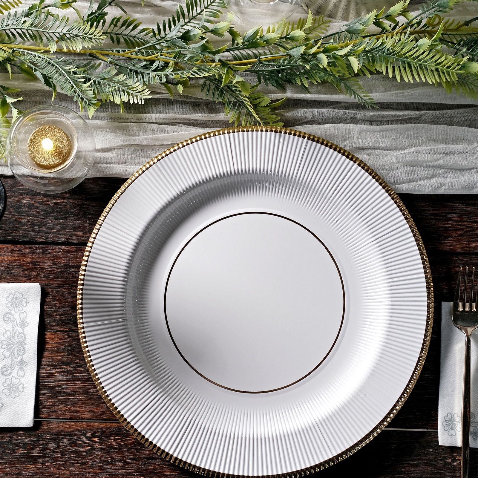 Sunray White Disposable Charger Plate 13 Inch Cardboard Gold Edges Serving Tray