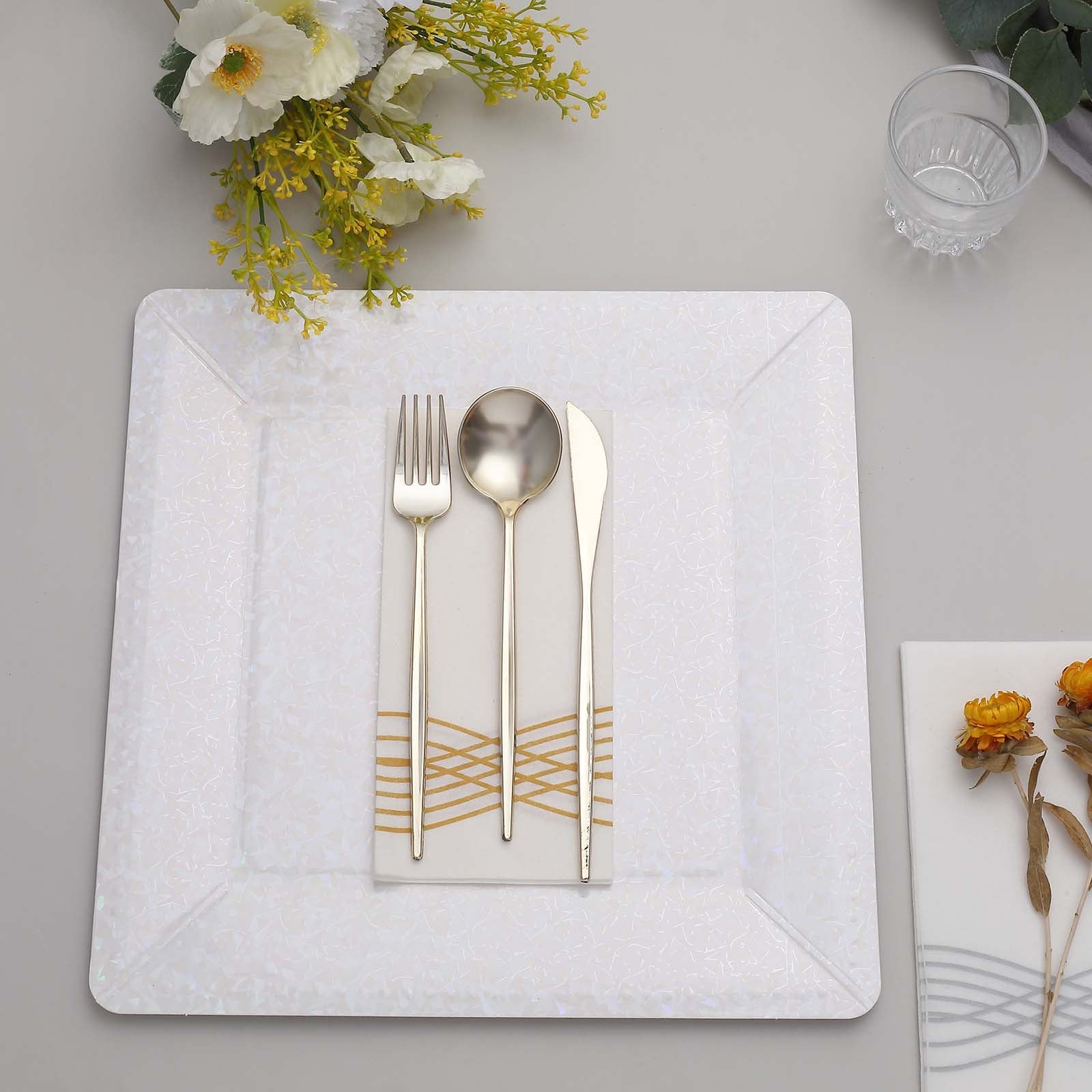 Square Wide Rim Style Charger Plates Iridescent 10 Pack 13 Inch Size Cardboard Material