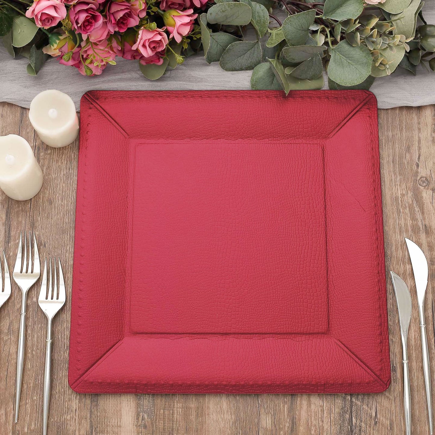 10 Pack | 13" Burgundy Textured Disposable Square Serving Trays, Leather Like Cardboard Charger Plates - 1100 GSM