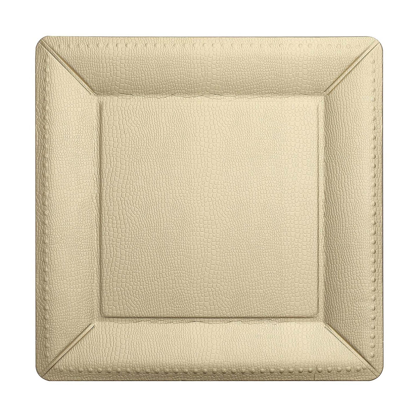 Champagne textured square serving tray, leather-like disposable charger plate.