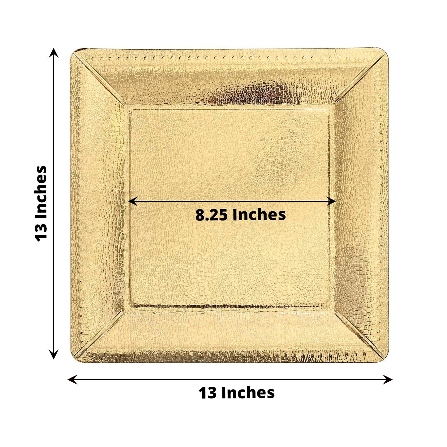 Gold textured disposable square serving tray, 13 inches, leather-like finish.