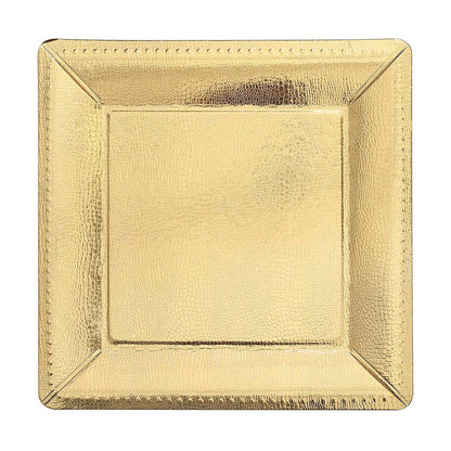 Gold textured disposable square serving tray, leather-like cardboard charger plate.