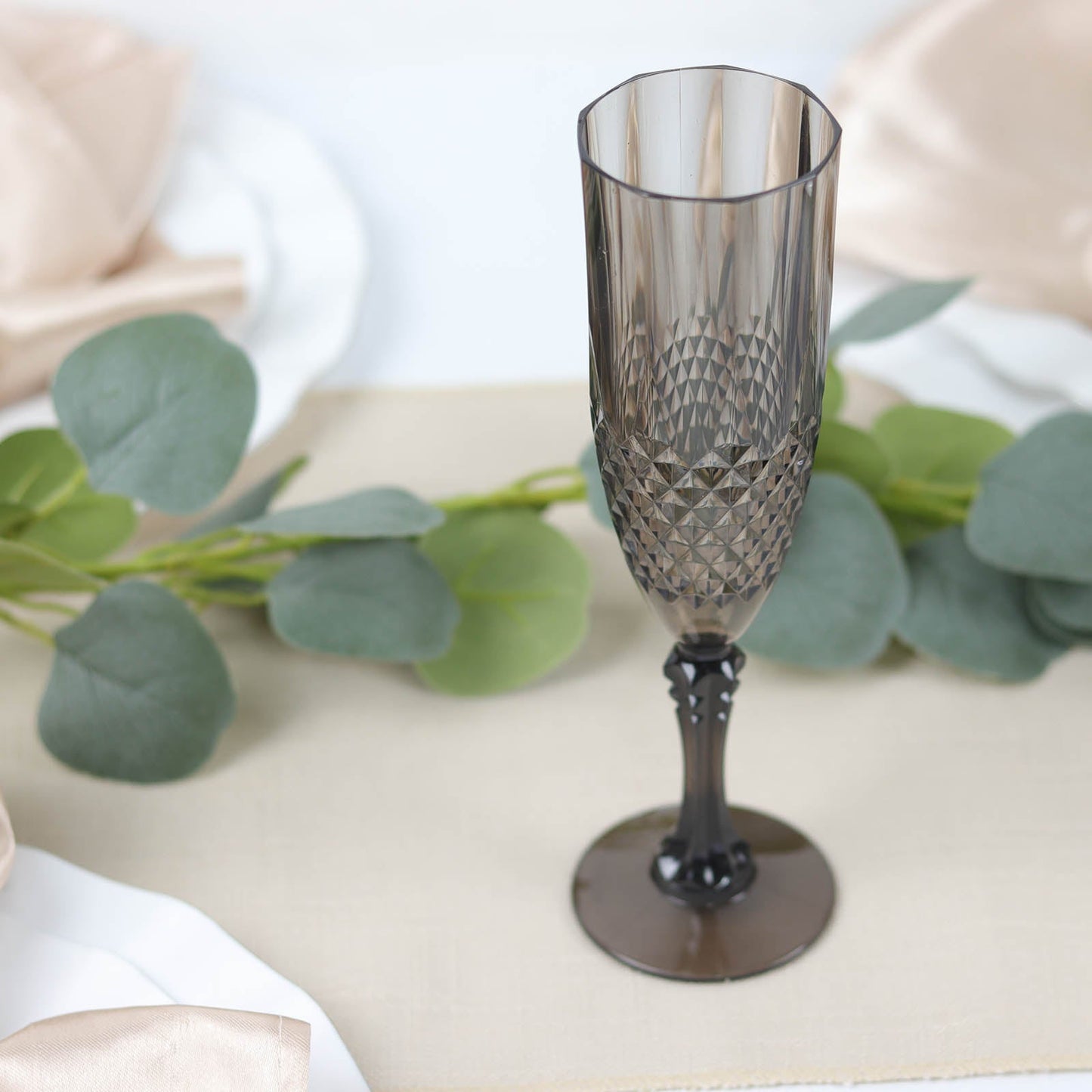 6 Pack | 8oz Black Crystal Cut Reusable Plastic Wedding Flute Glasses, Shatterproof Champagne Toast Glasses