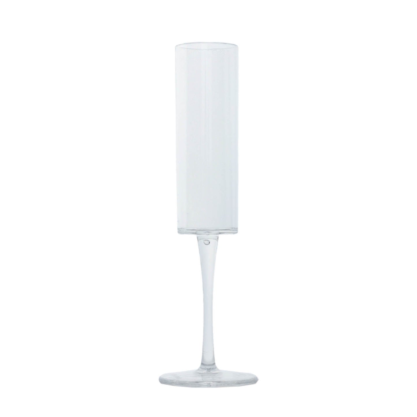 Clear reusable plastic champagne flute glass, 6oz, 9.5" tall, cylindrical shape.