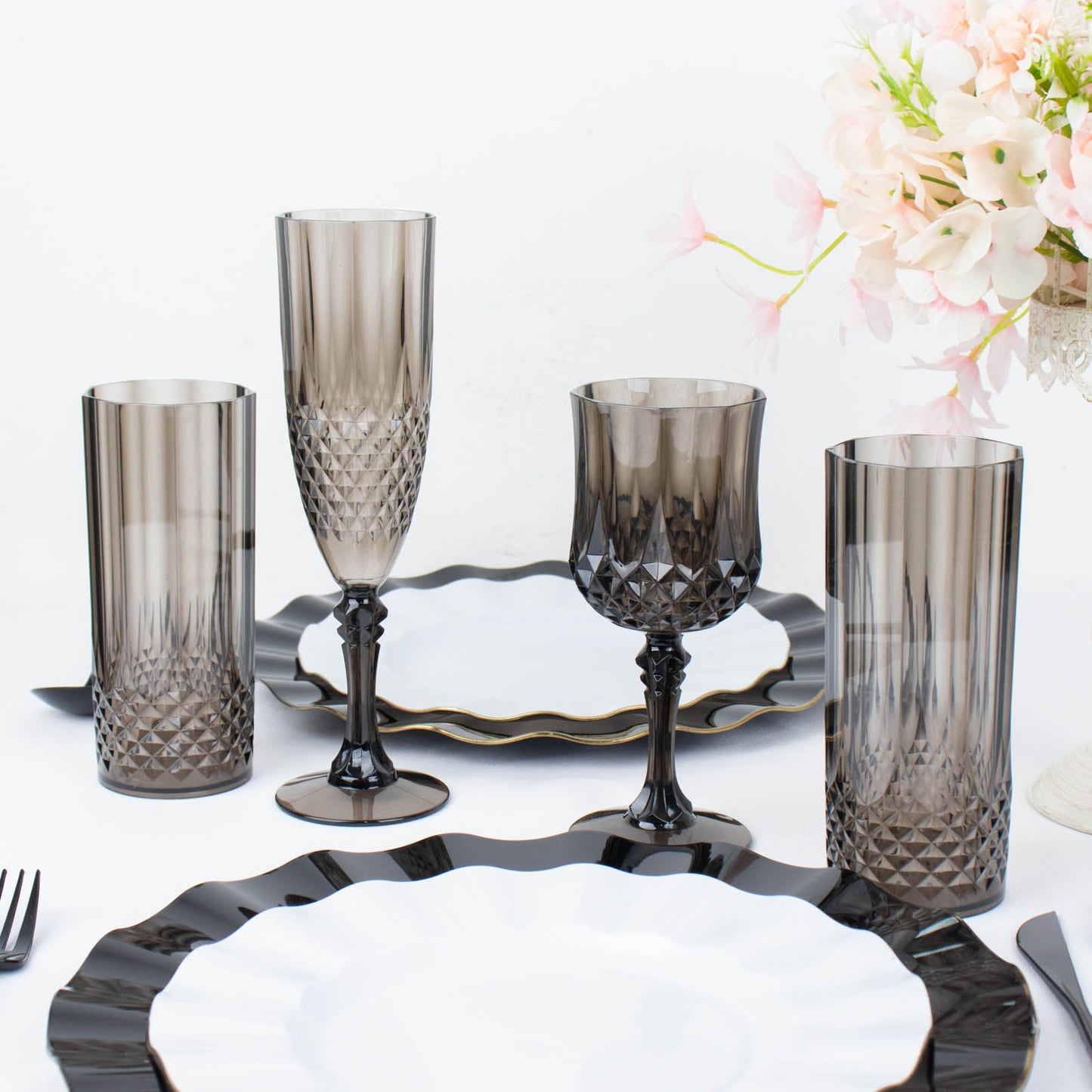 6 Pack | 14oz Black Crystal Cut Reusable Plastic Highball Drink Glasses