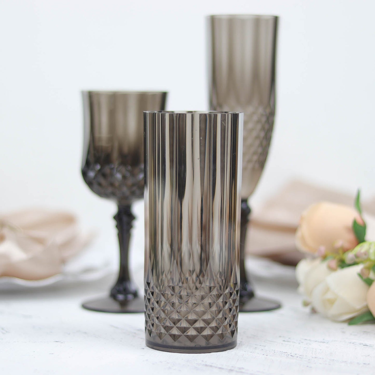 6 Pack | 14oz Black Crystal Cut Reusable Plastic Cocktail Tumbler Cups, Shatterproof Tall Highball Drink Glasses