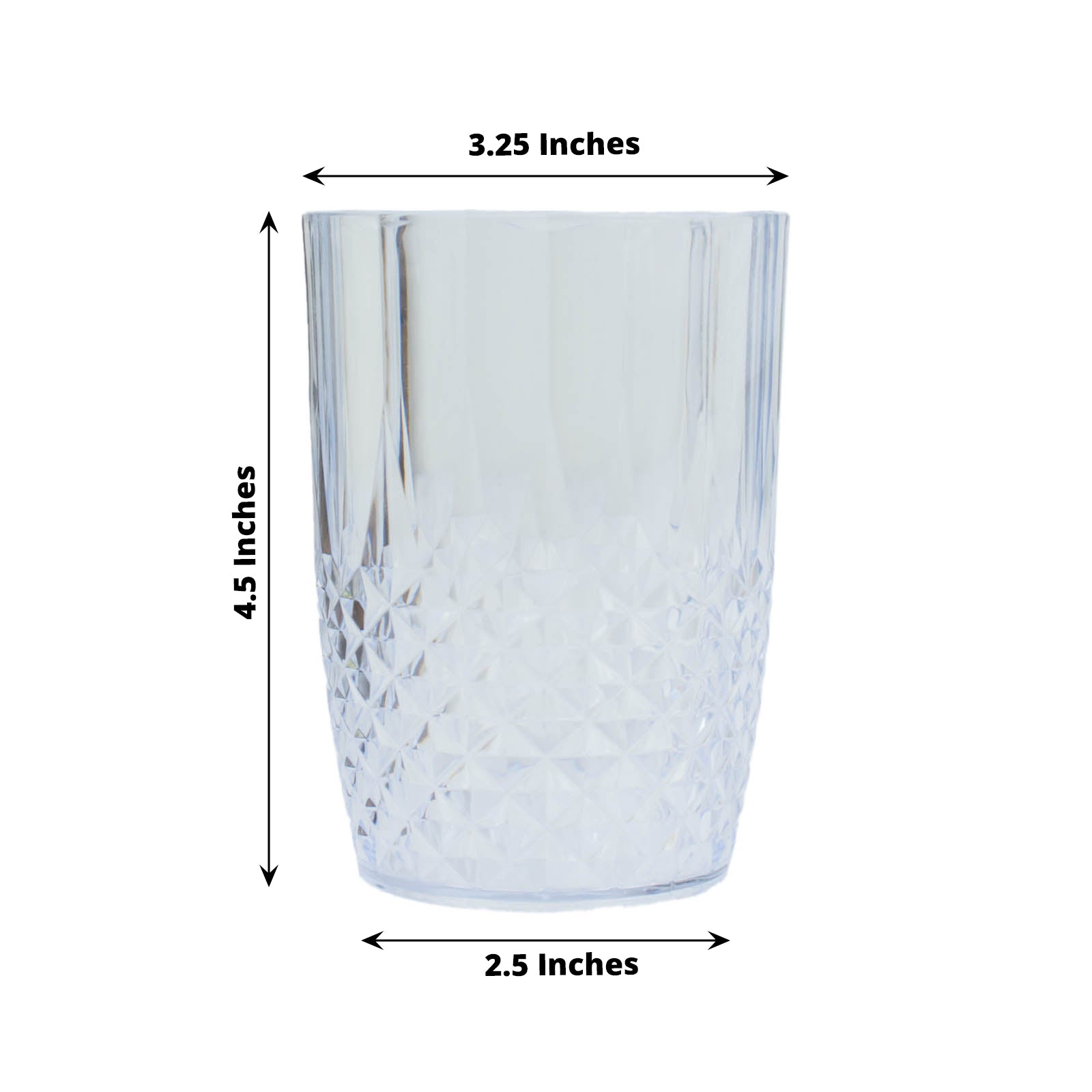 Clear crystal cut short plastic tumbler glass, shatterproof and reusable.