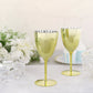 Gold disposable wine goblets in a 6 pack, perfect for parties and events.