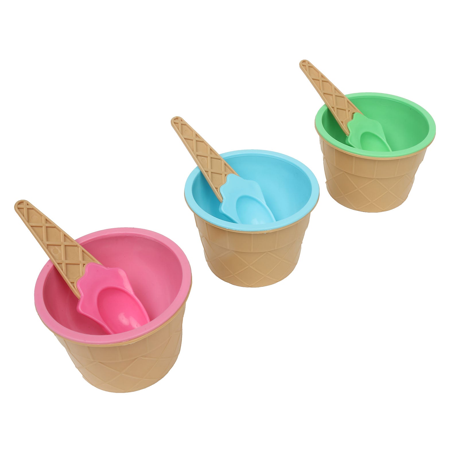 Colorful reusable ice cream cone bowls and spoons in pink, blue, and green.