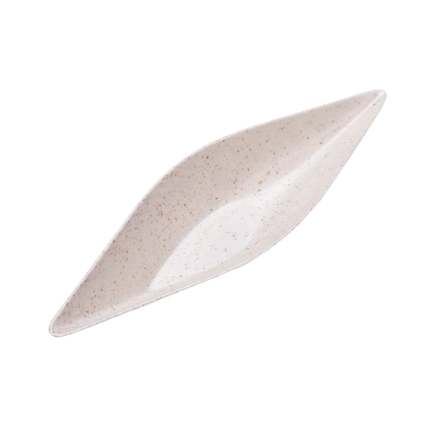 Beige mini boat-shaped wheat straw fiber dessert plate.