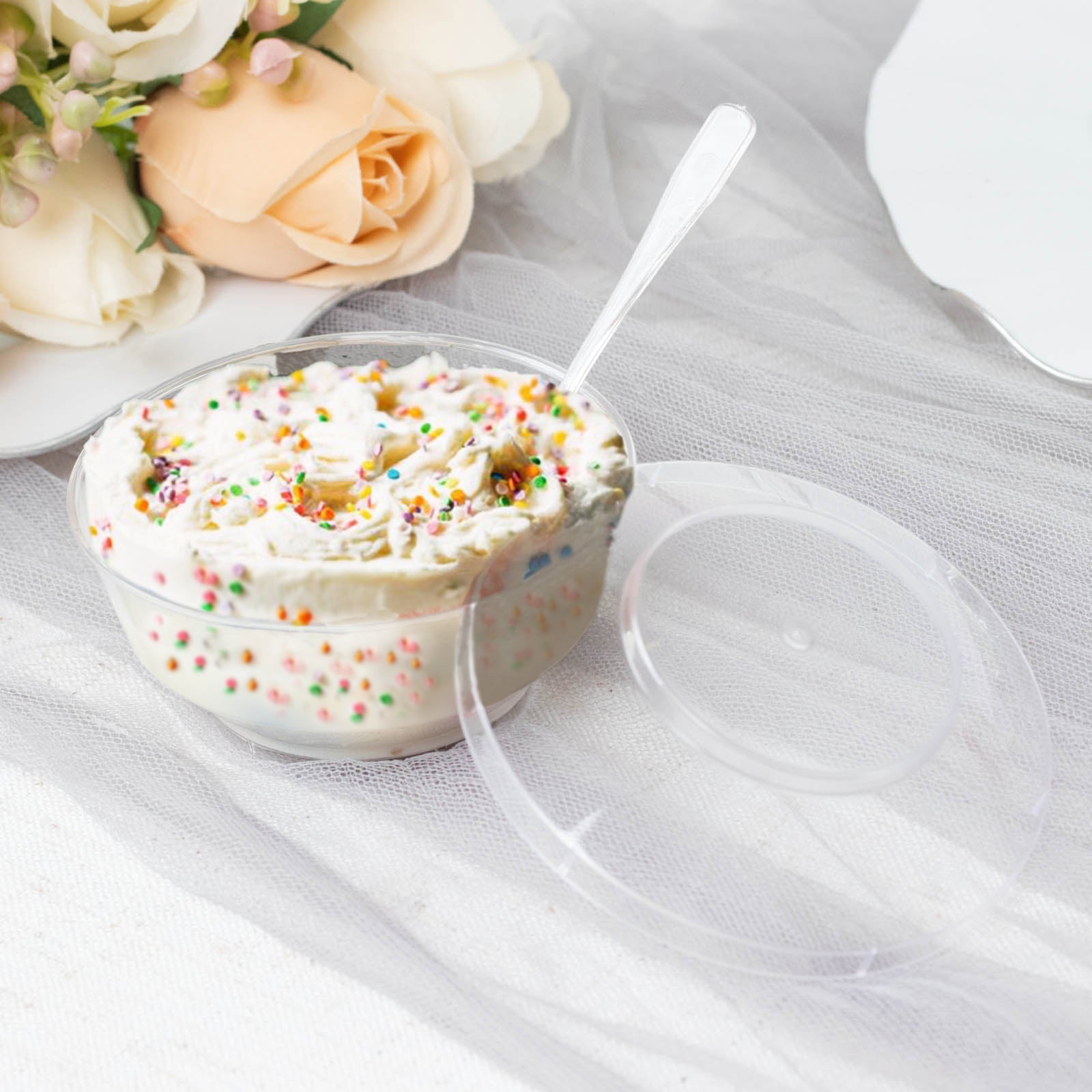 24 Pack | 3.5oz Clear Plastic Mini Party Bowl, Lid and Spoon Set