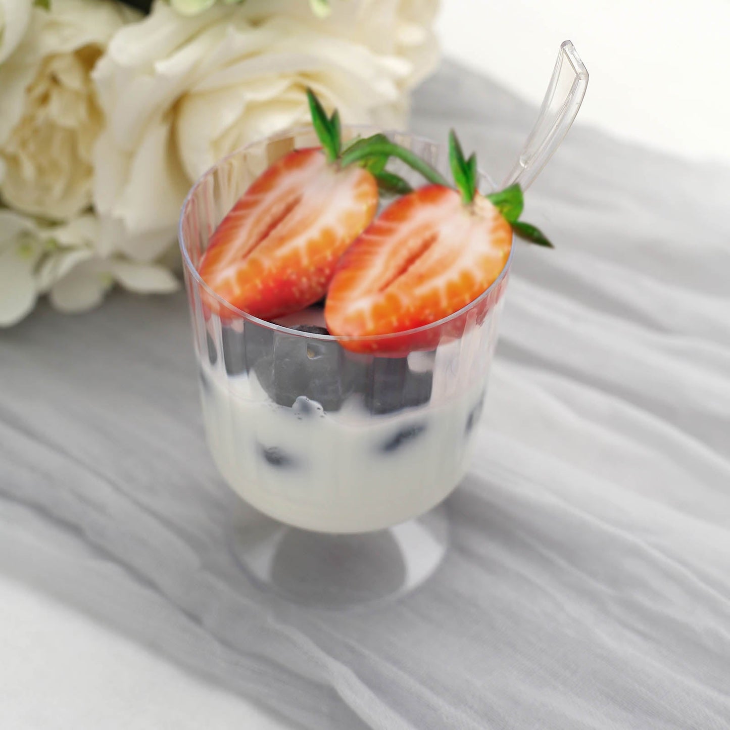 24 Pack | 5oz Clear Mini Ribbed Pedestal Plastic Dessert Cups With Spoons