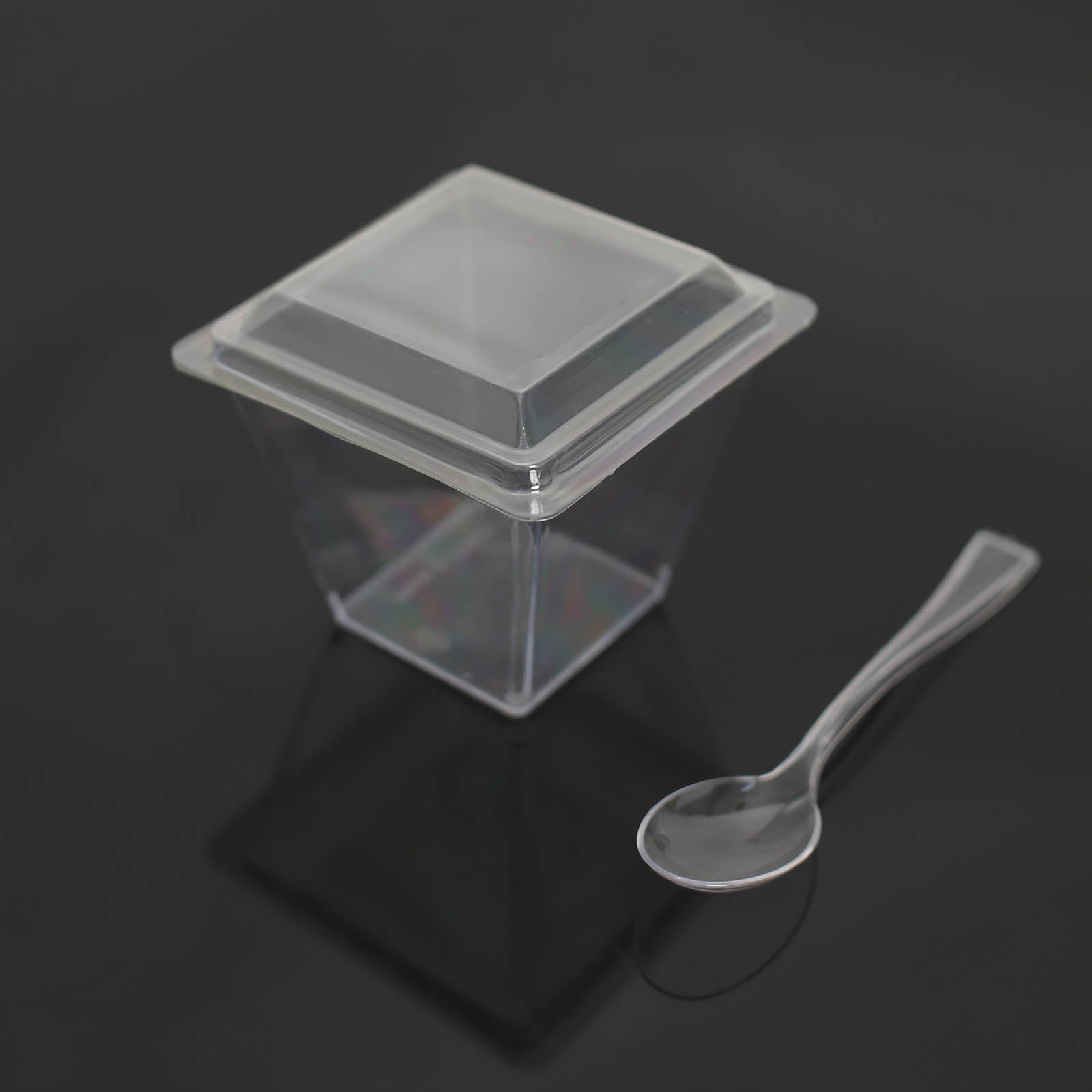 24 Pack | 4oz Clear Plastic Square Dessert Tumbler Cup, Lid and Spoon Set
