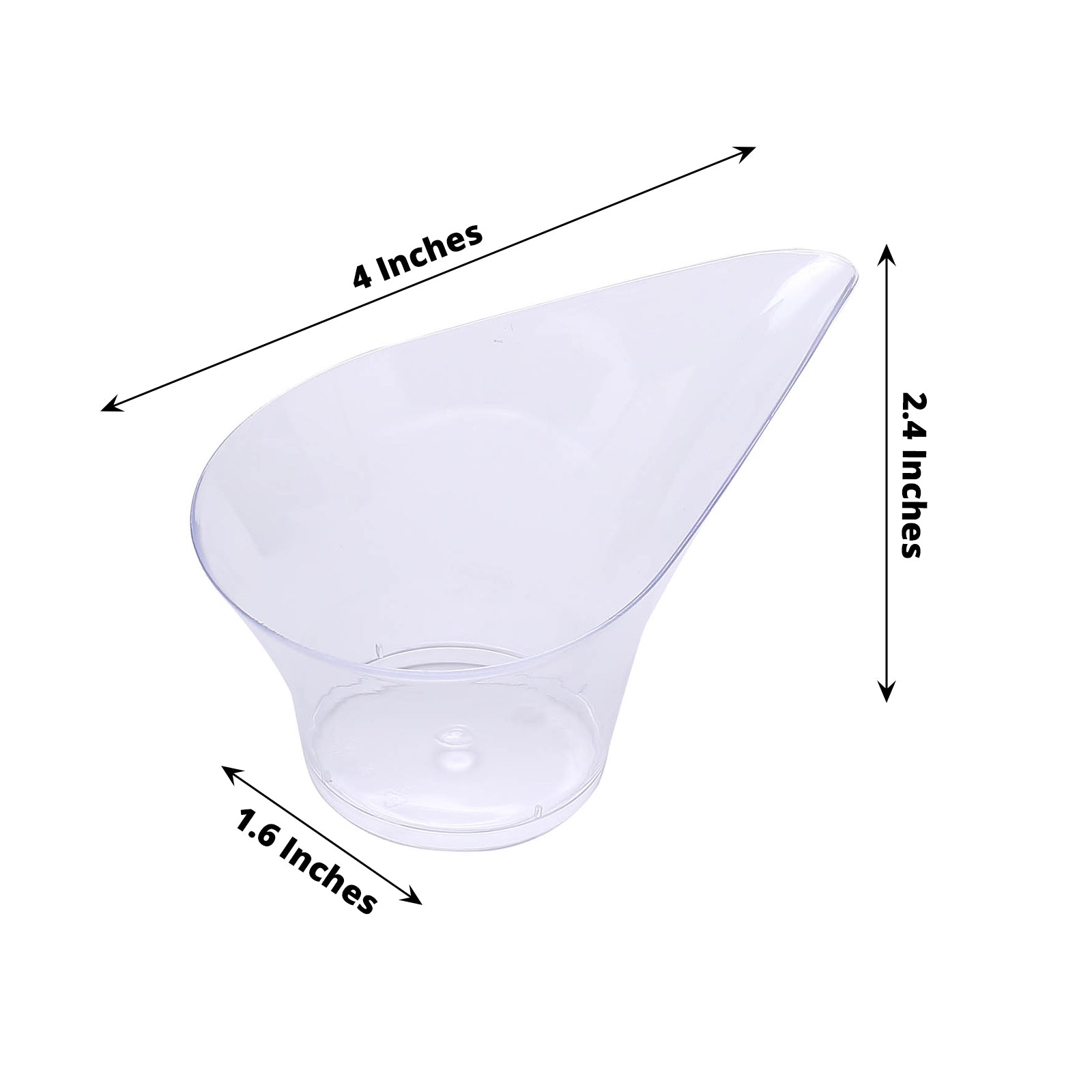 Clear mini disposable teardrop dessert cups for appetizers and snacks.
