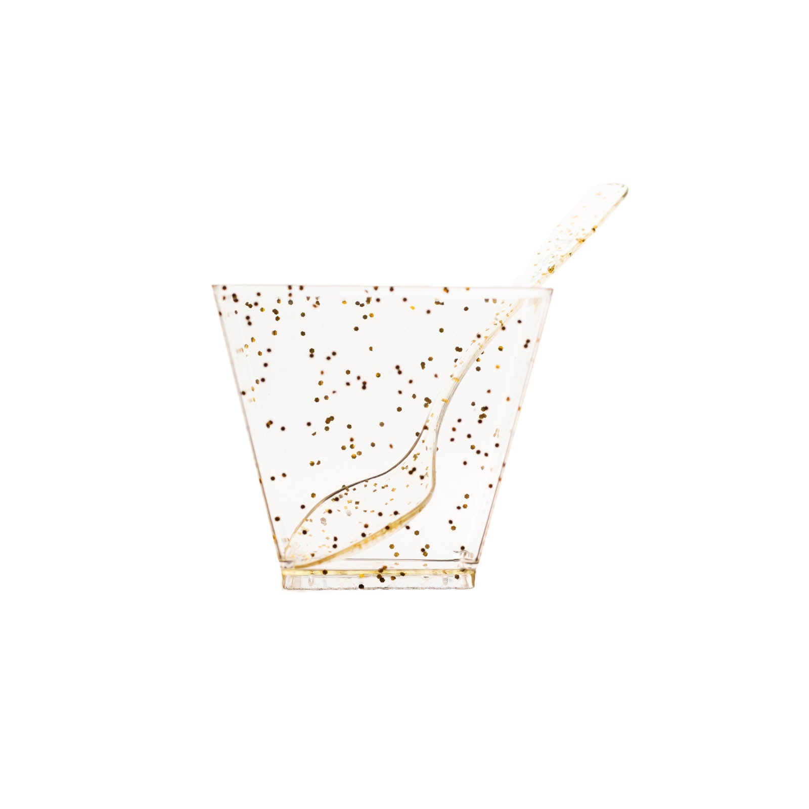 24 Pack | 2oz Gold Glittered Clear Plastic Dessert Cup and Spoon Set#whtbkgd