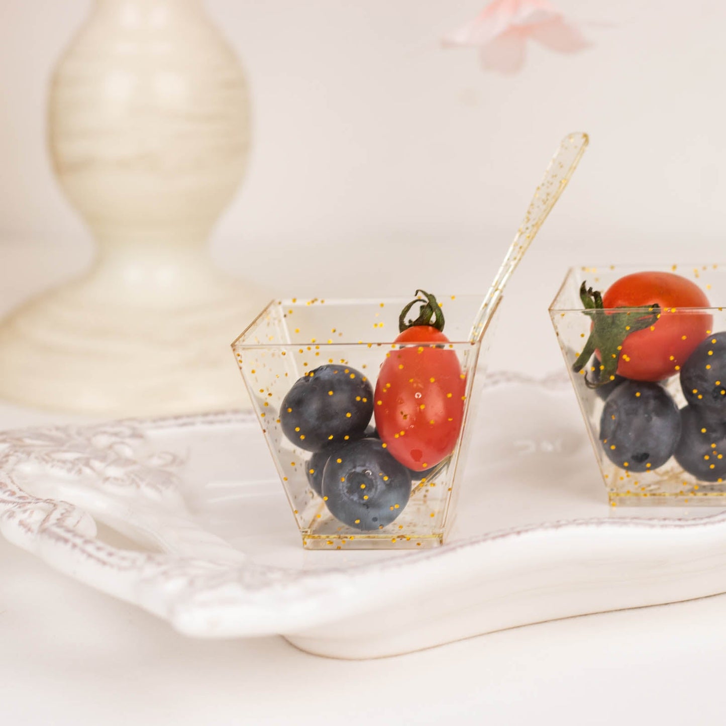 24 Pack | 2oz Gold Glittered Clear Disposable Square Snack Bowl and Spoon Set, Plastic Dessert Serving Cups