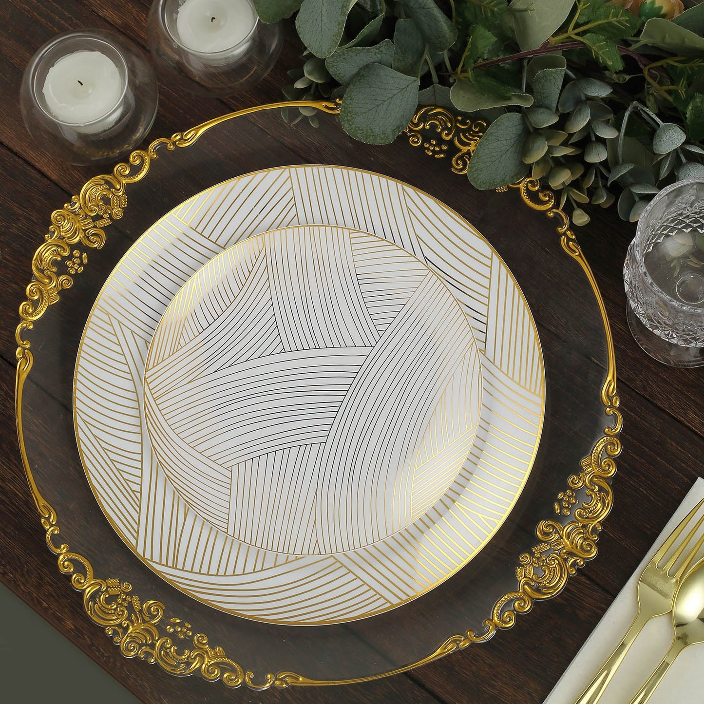 10 Pack | 10inches White And Gold Wave Brush Stroked Plastic Dinner Plates, Disposable Party Plates
