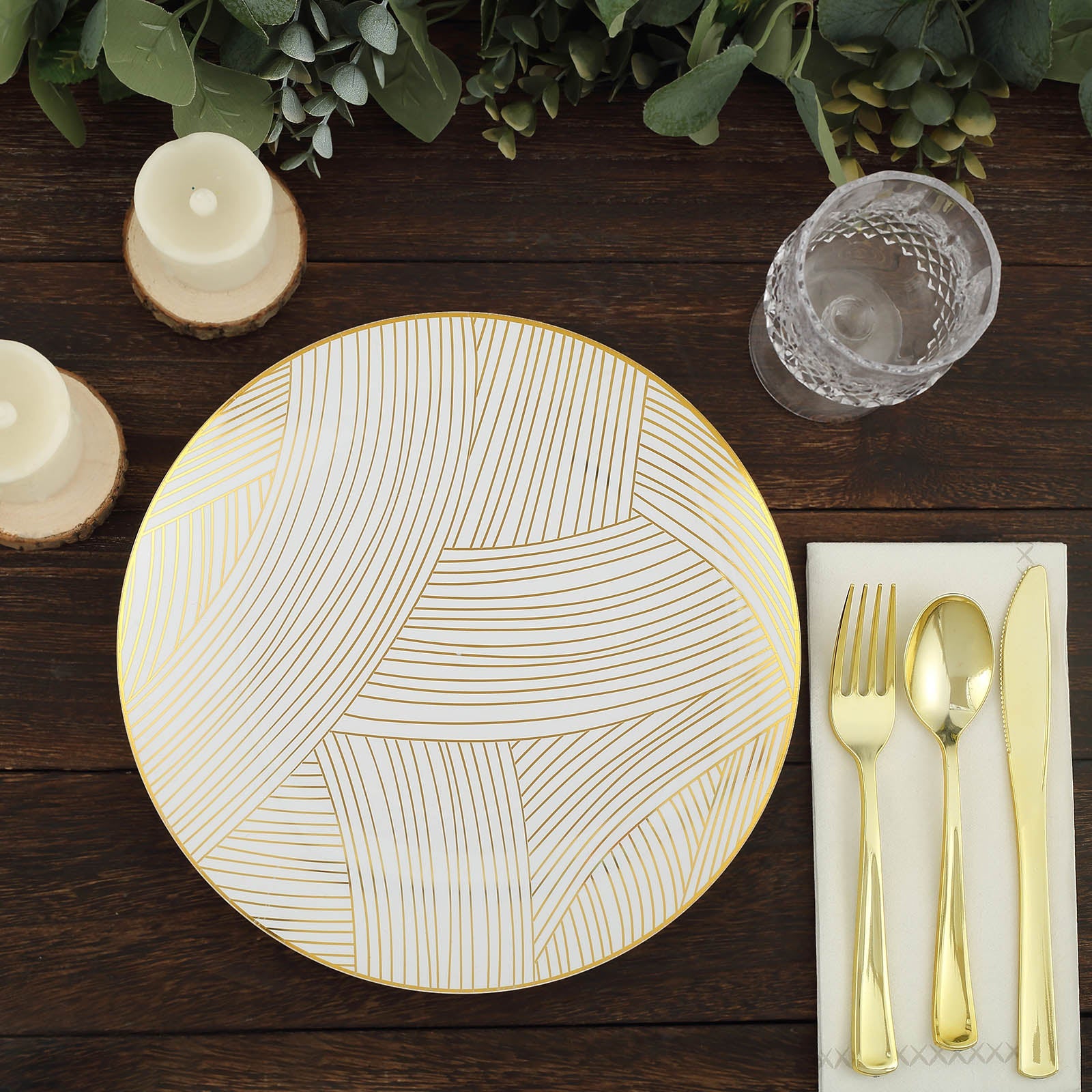 10 Pack | 10inches White And Gold Wave Brush Stroked Plastic Dinner Plates, Disposable Party Plates
