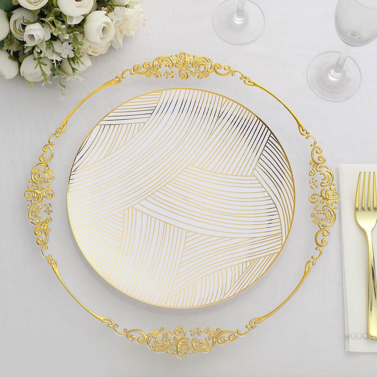 10 Pack | 10" White / Gold Wave Brush Stroked Disposable Dinner Plates, Plastic Party Plates
