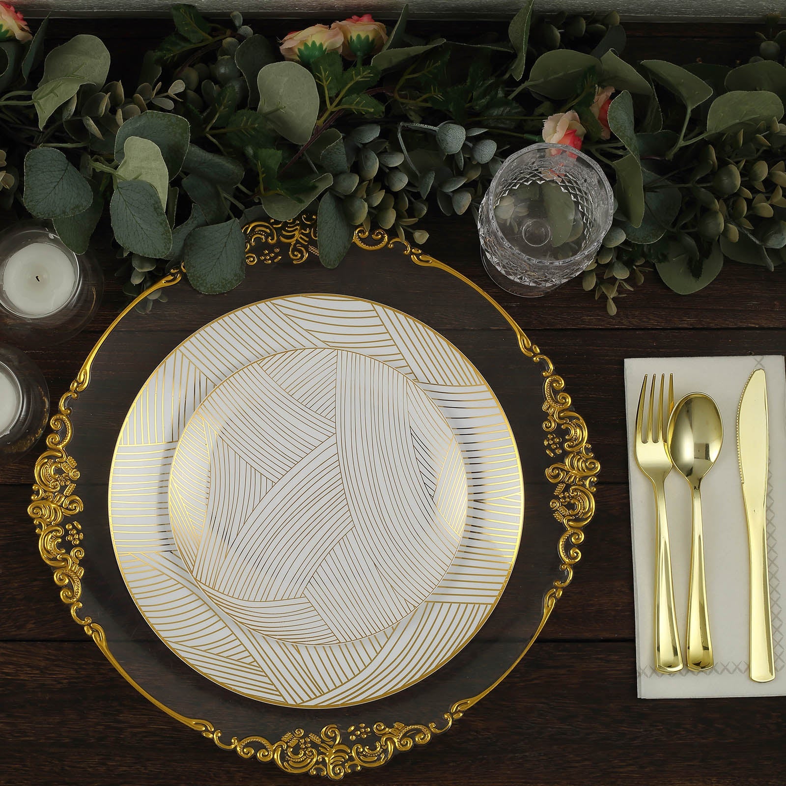 7inch White And Gold Wave Brush Stroked Plastic Dessert Plates, Disposable Appetizer Salad Plates