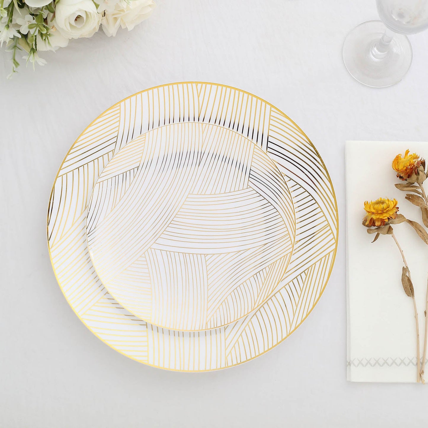 10 Pack | 7" White / Gold Wave Brush Stroked Disposable Salad Plates, Plastic Appetizer Dessert Party Plates