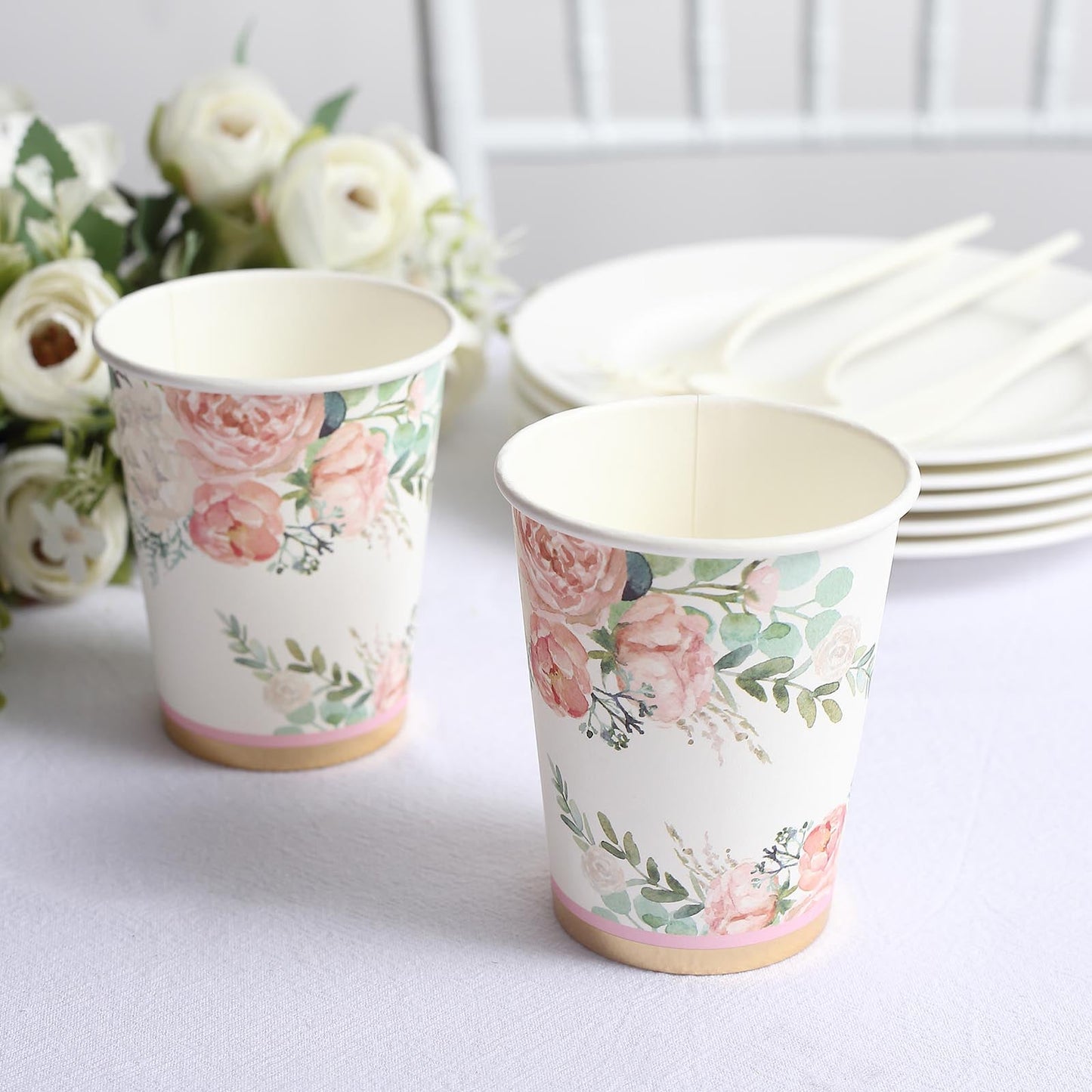 24 Pack | 9oz Peony Flower Gold Foil Elegant Wedding Shower Paper Cups, Disposable Party Cups