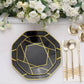 Black and gold geometric design disposable dessert plate.