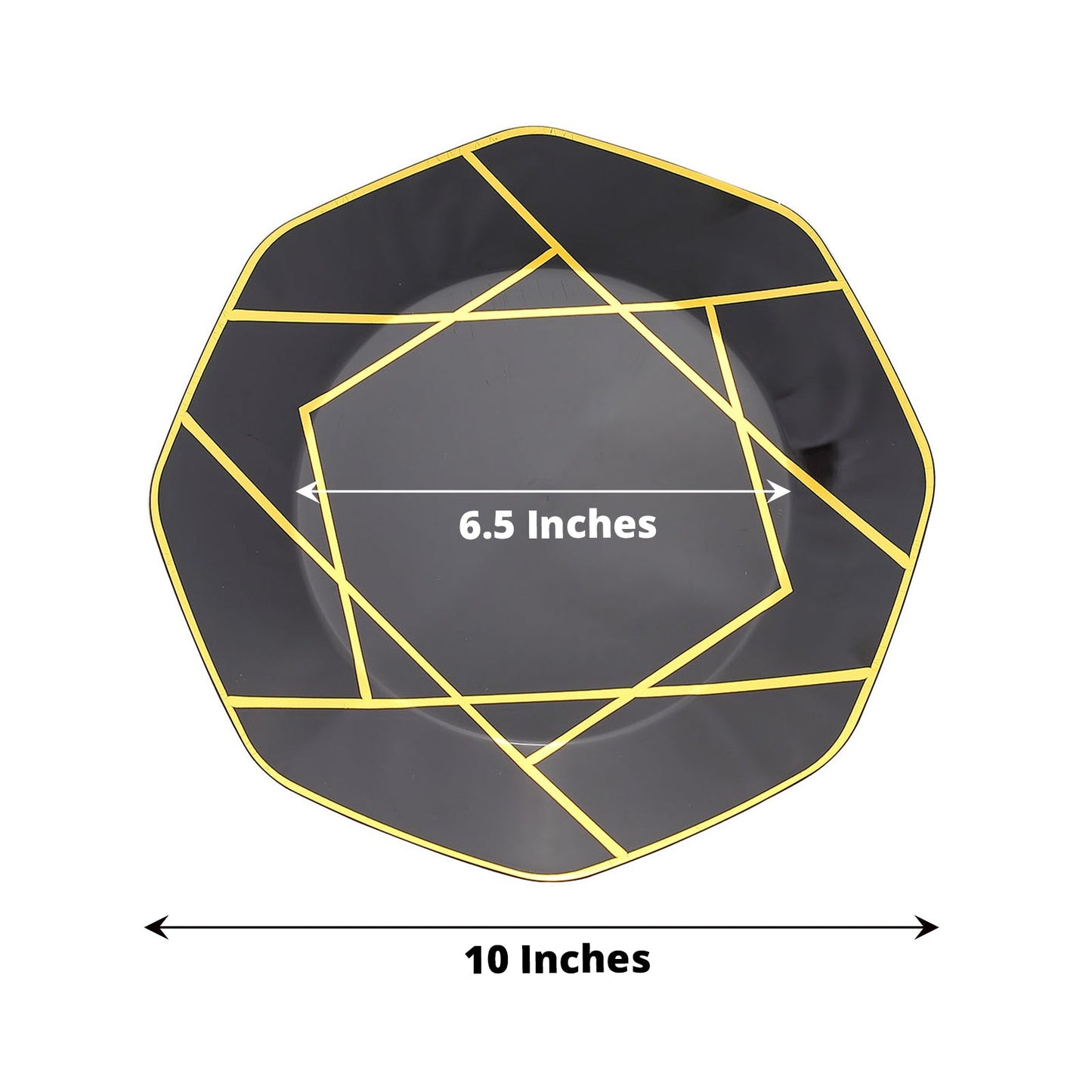 Black and gold geometric disposable octagon dinner plates, 10-pack.