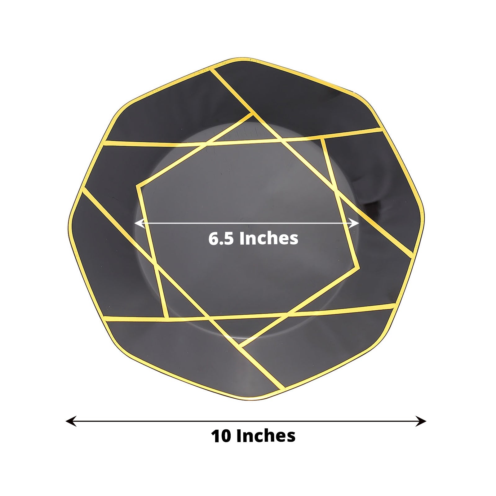 Black and gold geometric disposable octagon dinner plates, 10-pack.