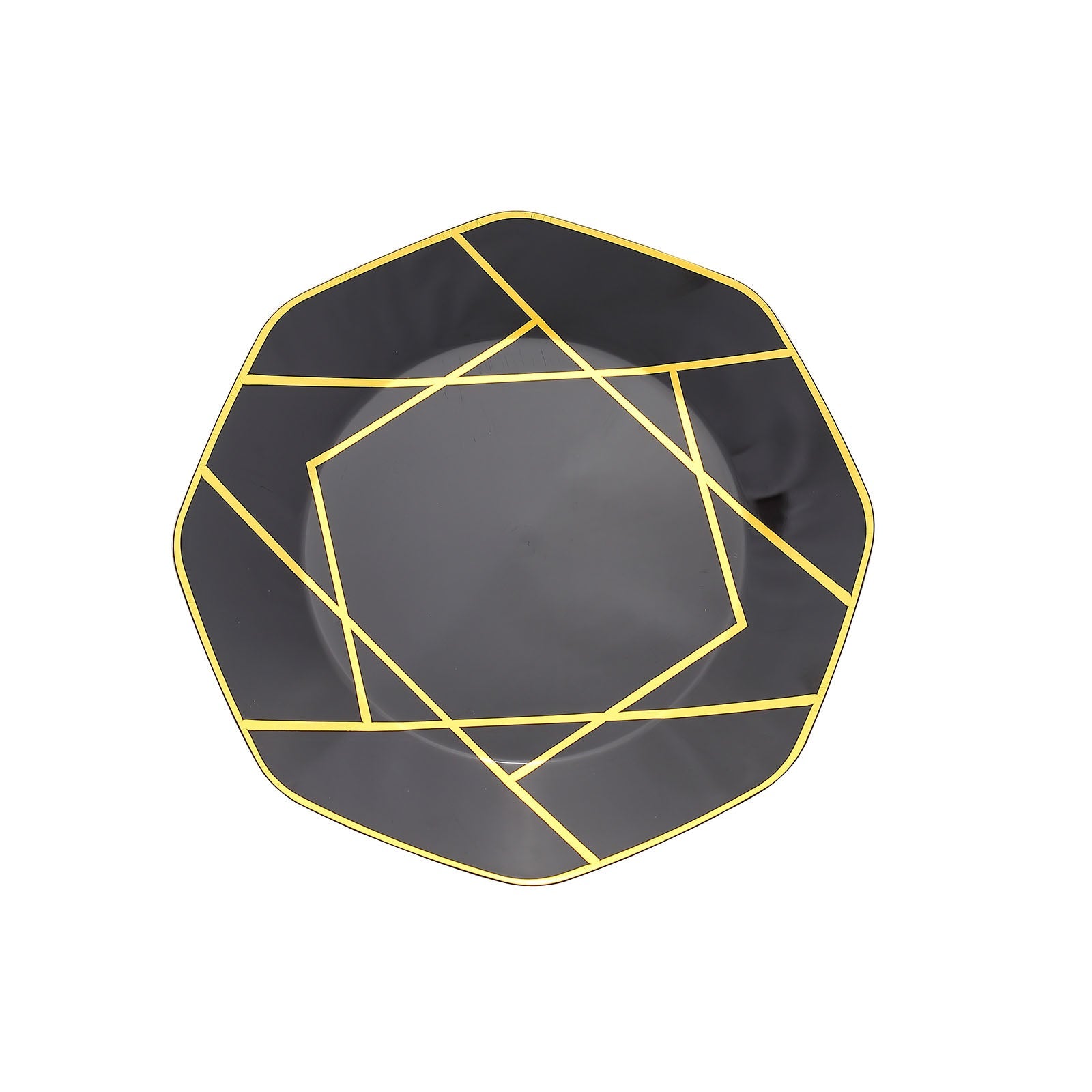 Black and gold geometric design disposable octagon dinner plate.