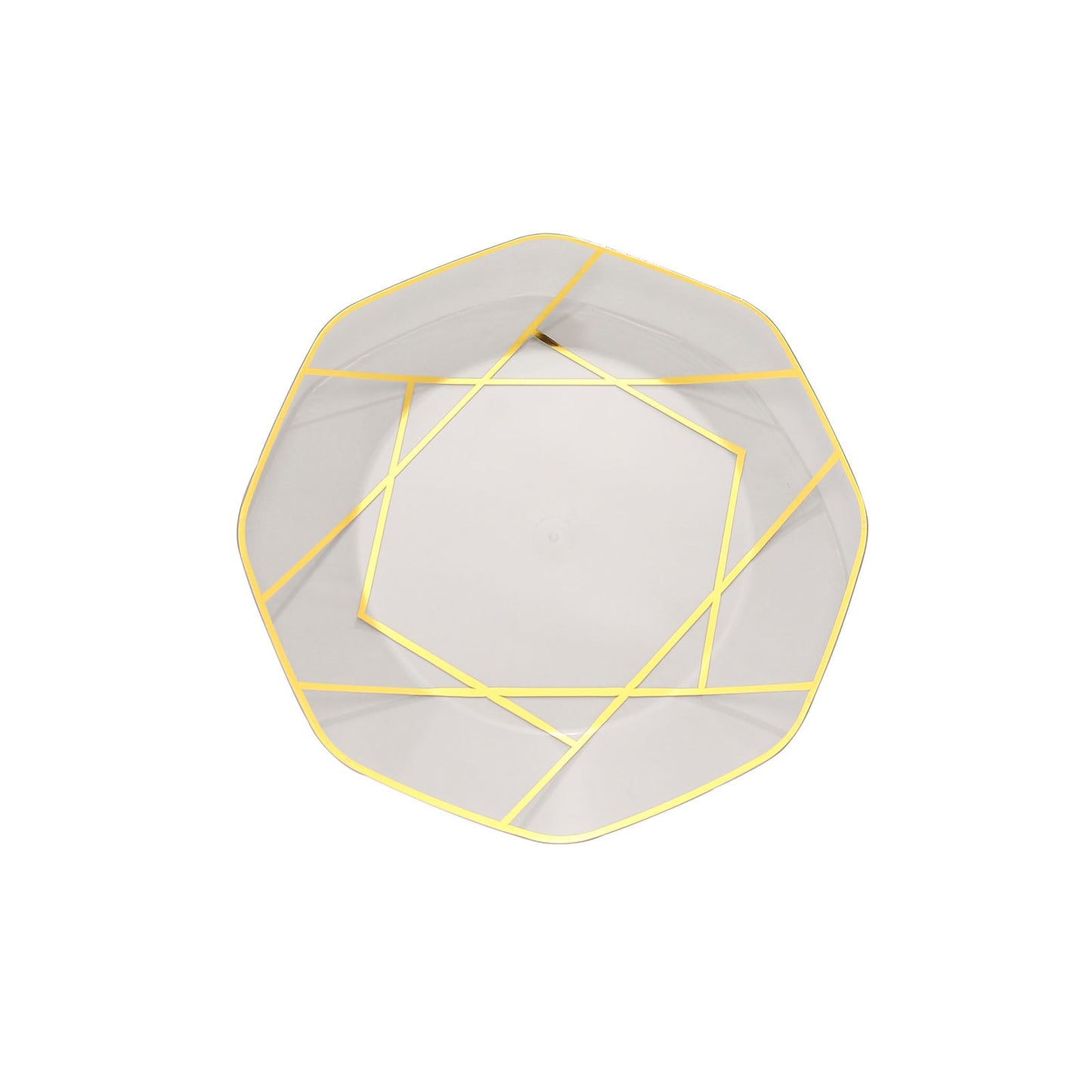 Clear and gold geometric design disposable octagon dinner plate.