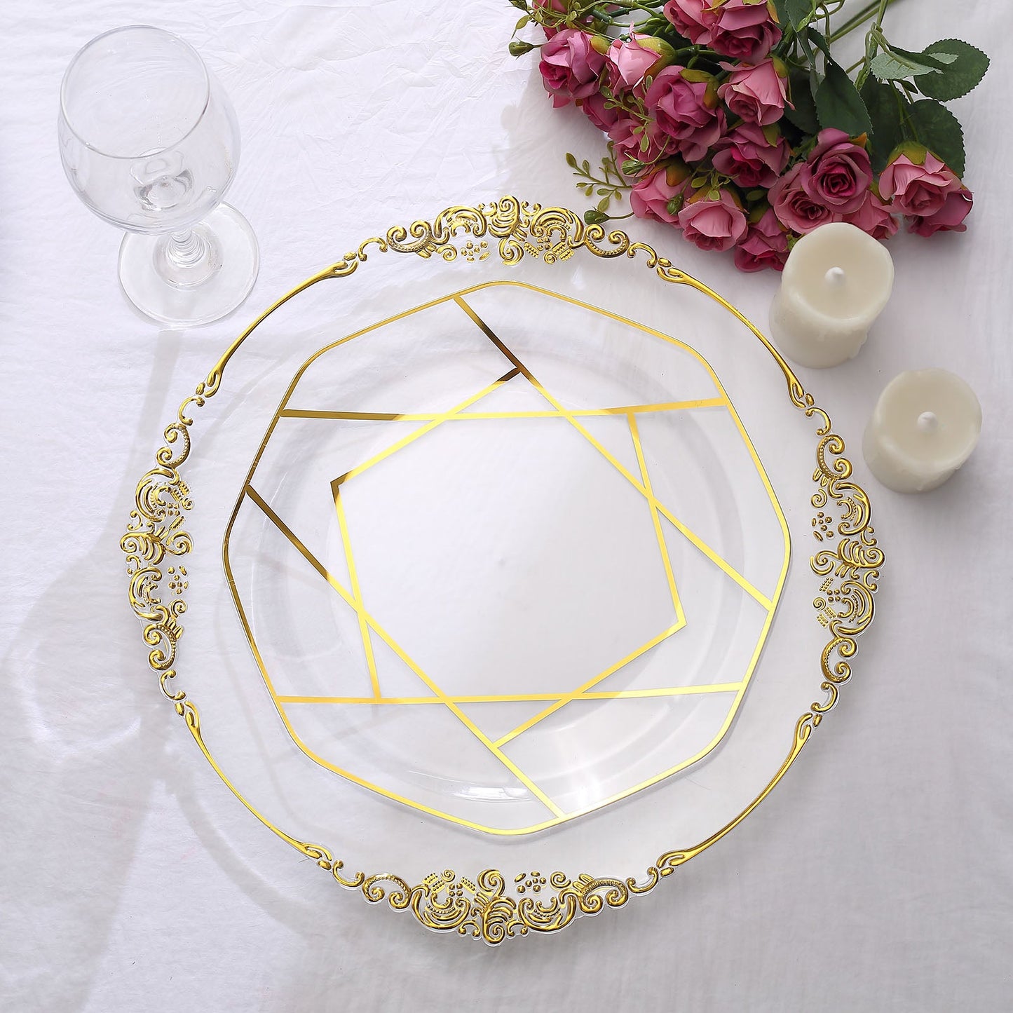 Clear and gold geometric design disposable octagon dinner plate.