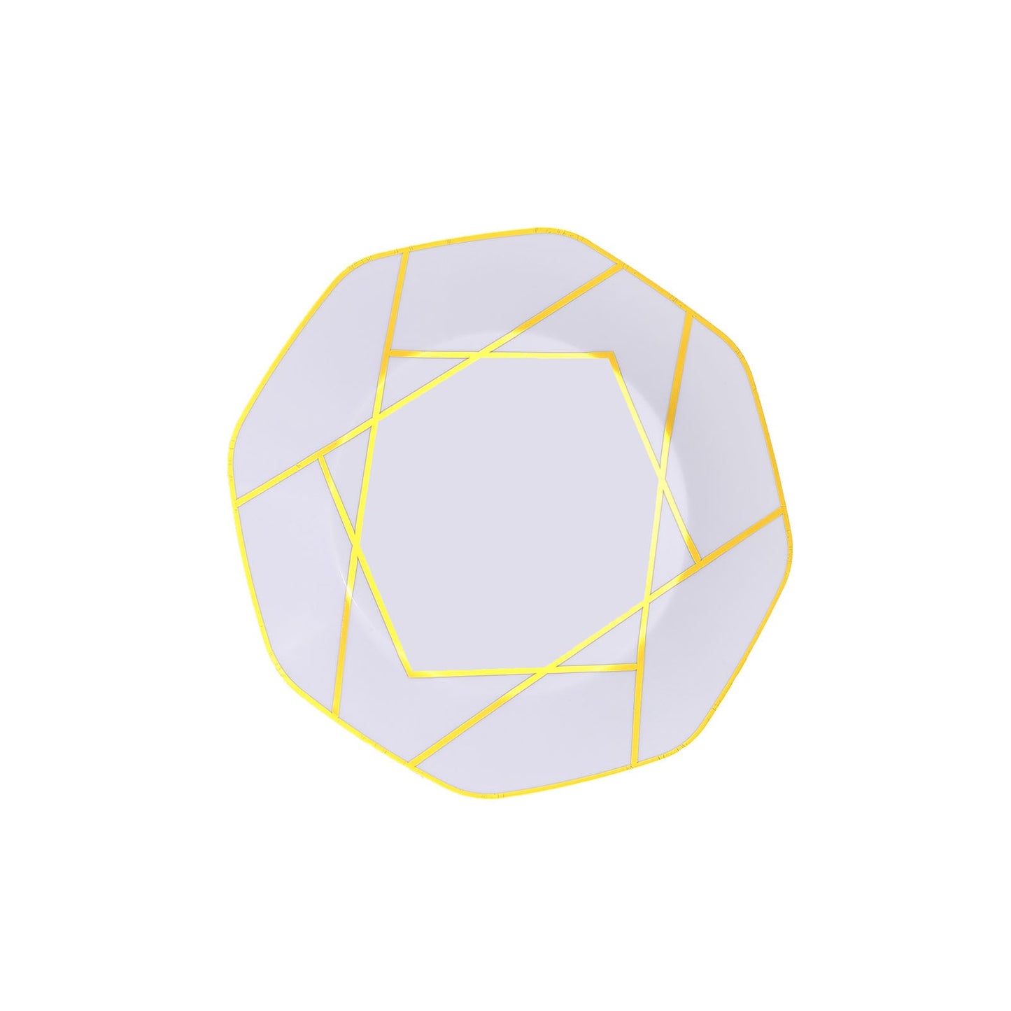10" white and gold geometric design disposable octagon dinner plate.