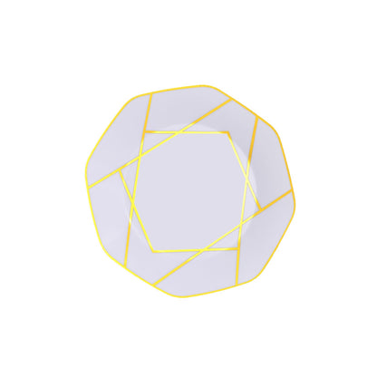 10" white and gold geometric design disposable octagon dinner plate.