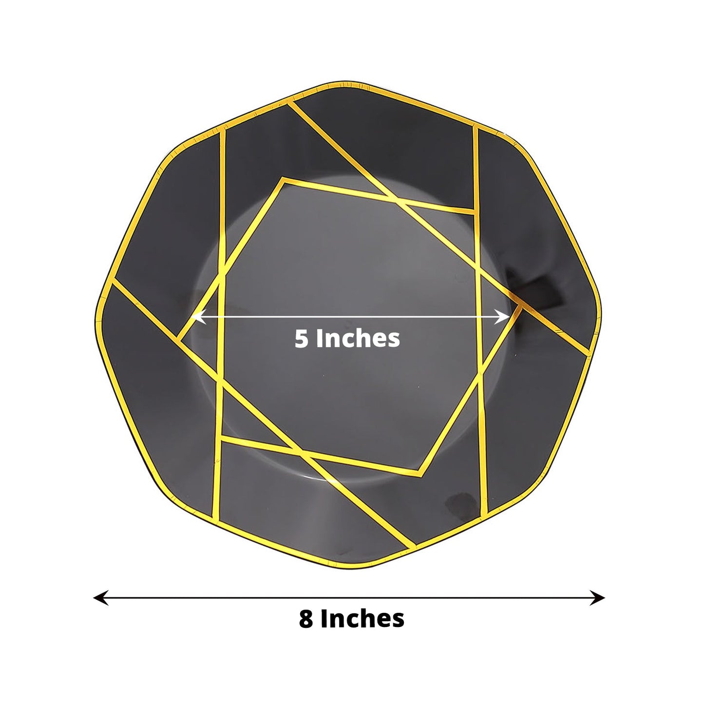 8" black and gold geometric design disposable dessert plate.