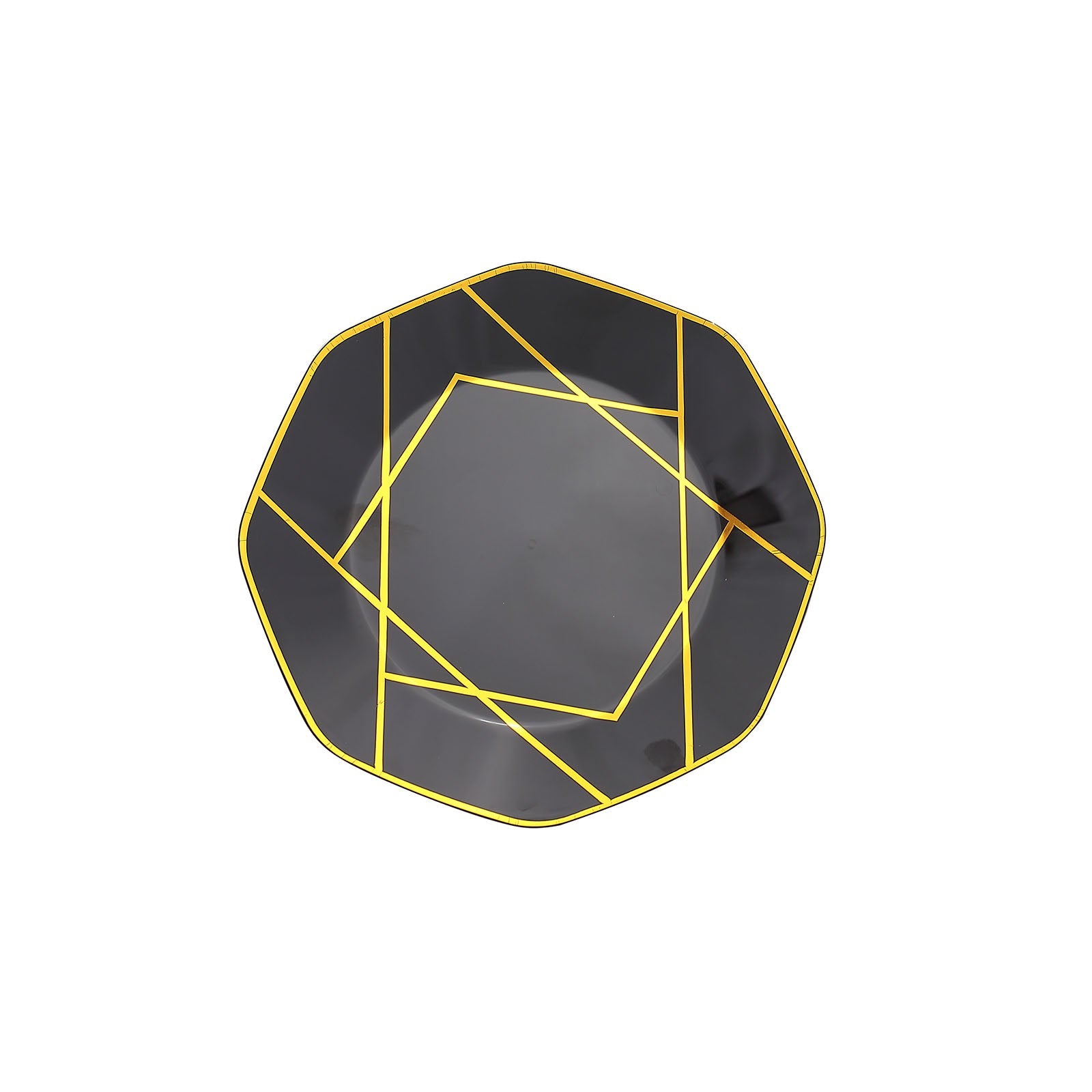 8" black and gold geometric design disposable dessert plate.