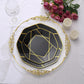 Black and gold geometric design disposable octagon plates.