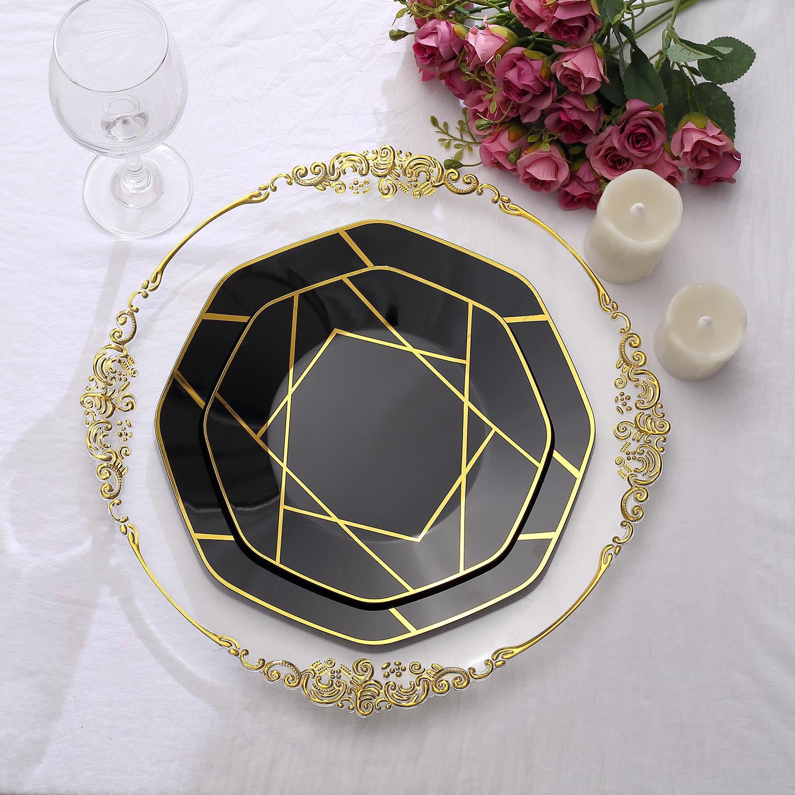 Black and gold geometric design disposable octagon plates.