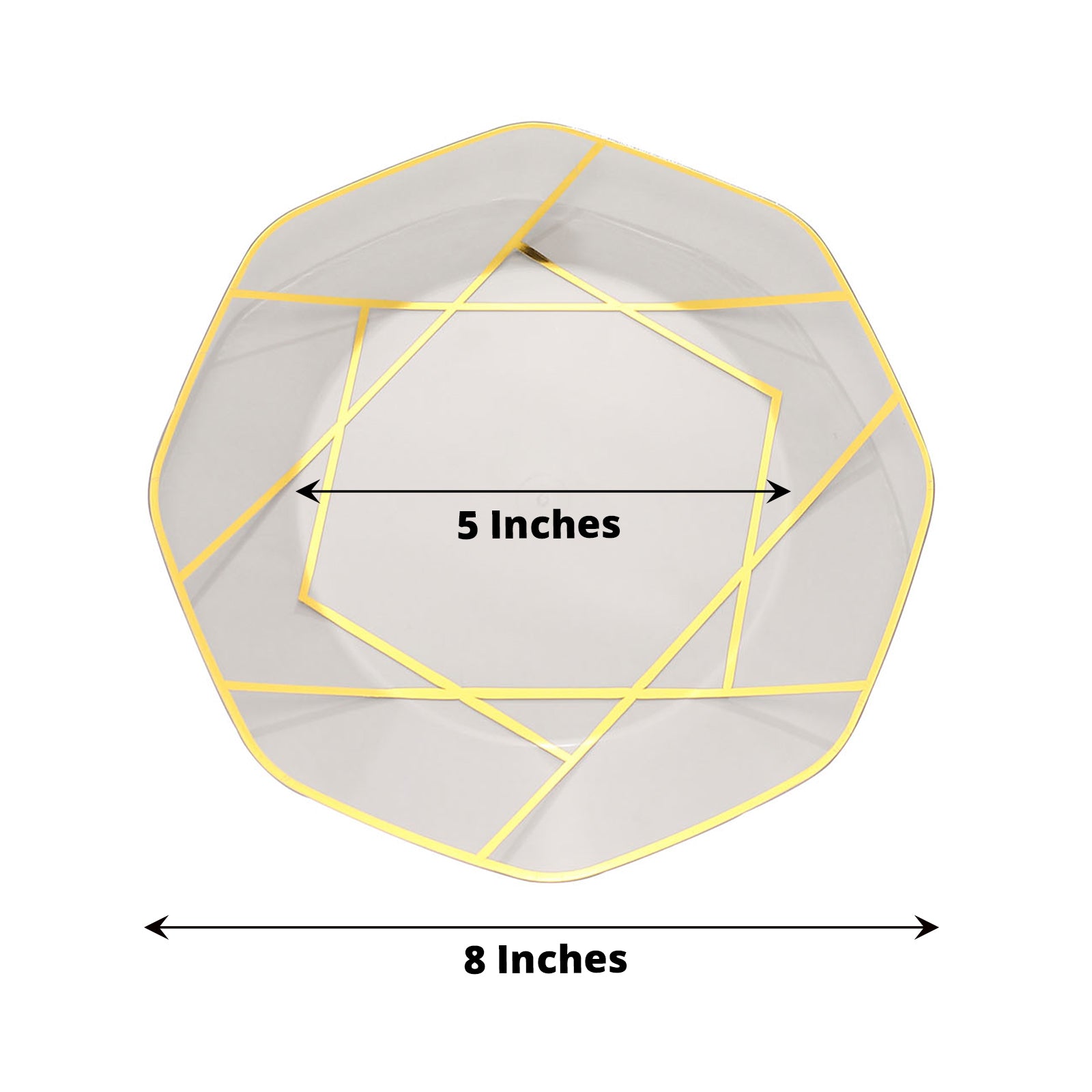 Clear and gold geometric design plastic dessert plate, 8 inches, disposable.