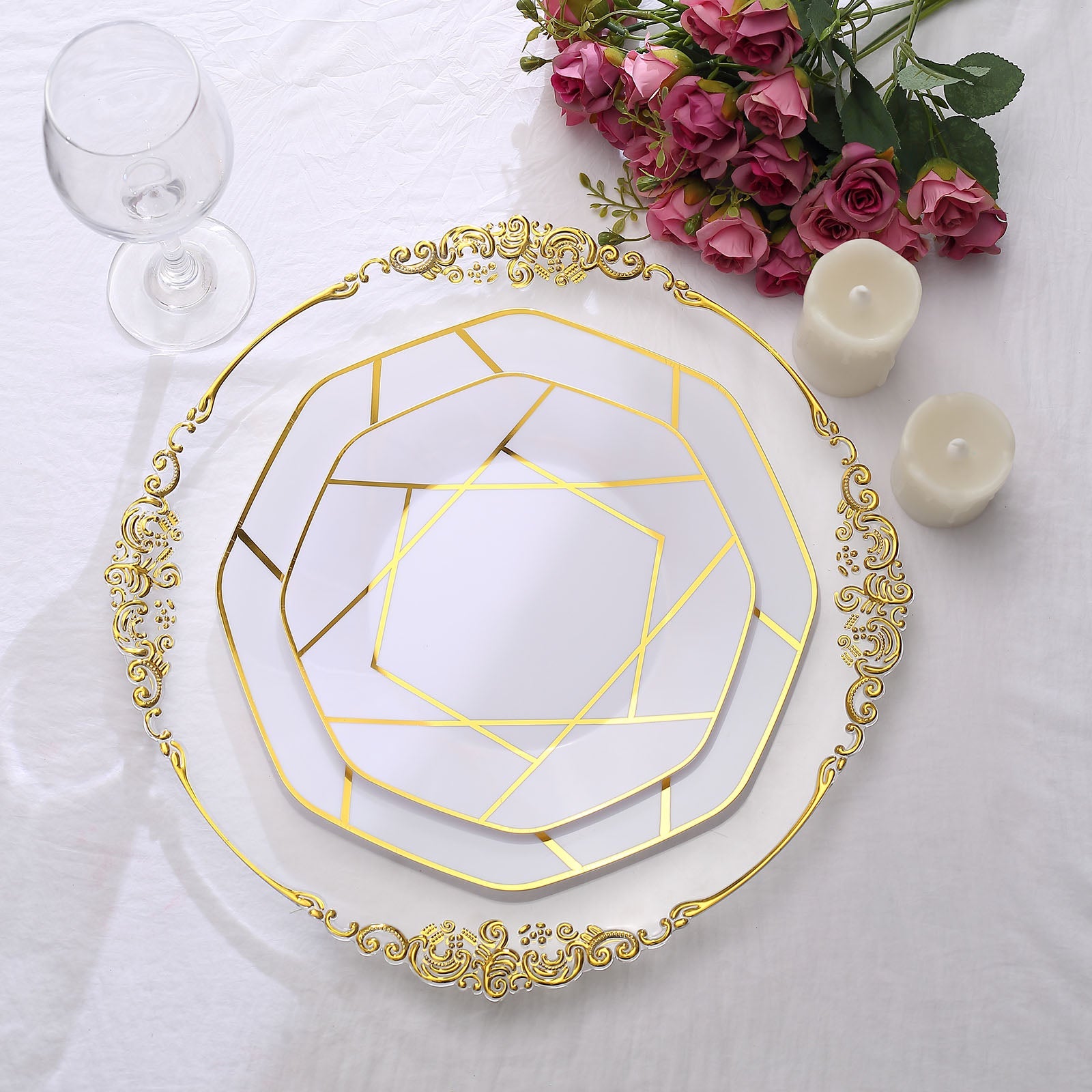 8" White and Gold Geometric Design Plastic Dessert Plate on a table.