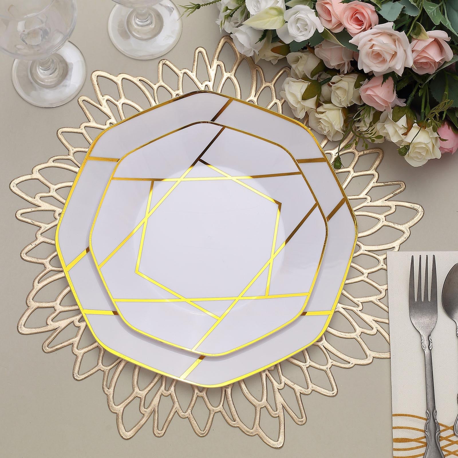 8" White and Gold Geometric Design Disposable Dessert Plates