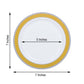 White round plastic dessert plate with gold and silver rim, 7 inches in diameter.