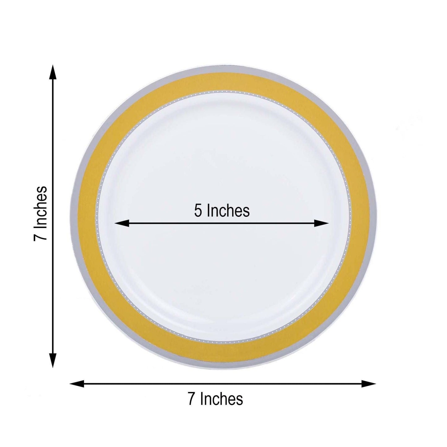 White round plastic dessert plate with gold and silver rim, 7 inches in diameter.