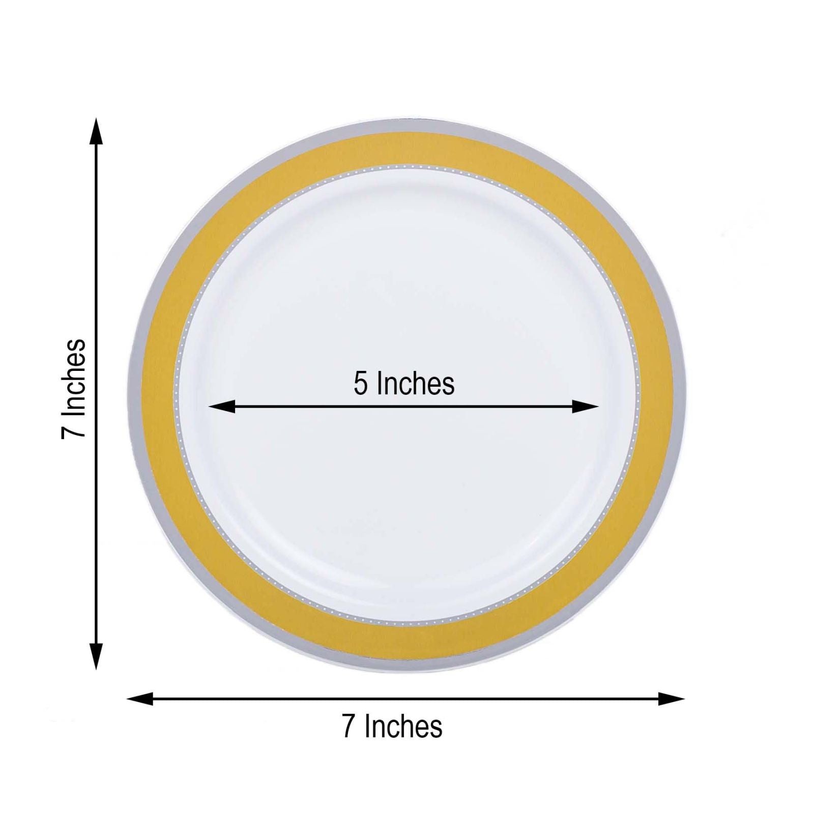 White round plastic dessert plate with gold and silver rim, 7 inches in diameter.