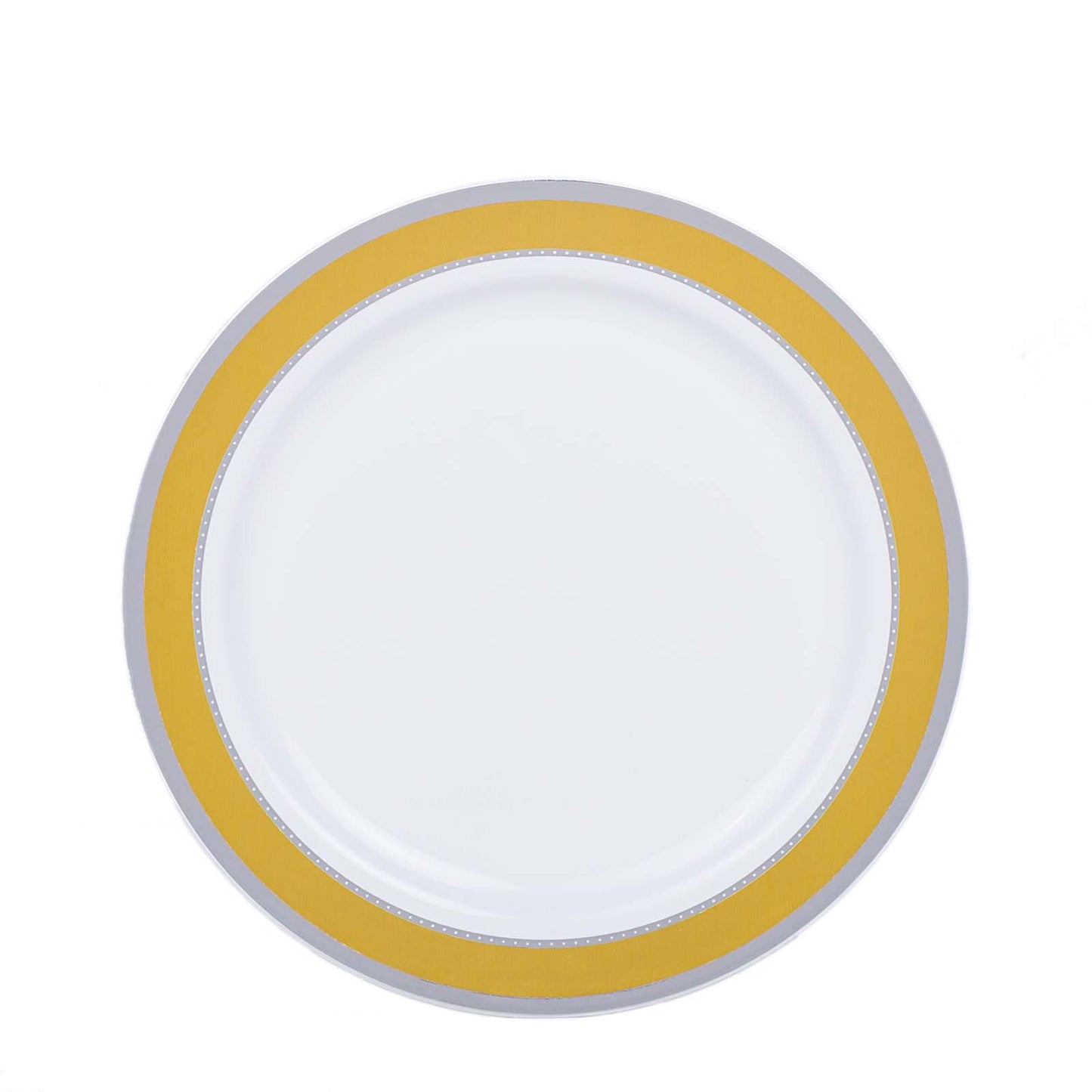 White round plastic dessert plate with gold and silver rim.