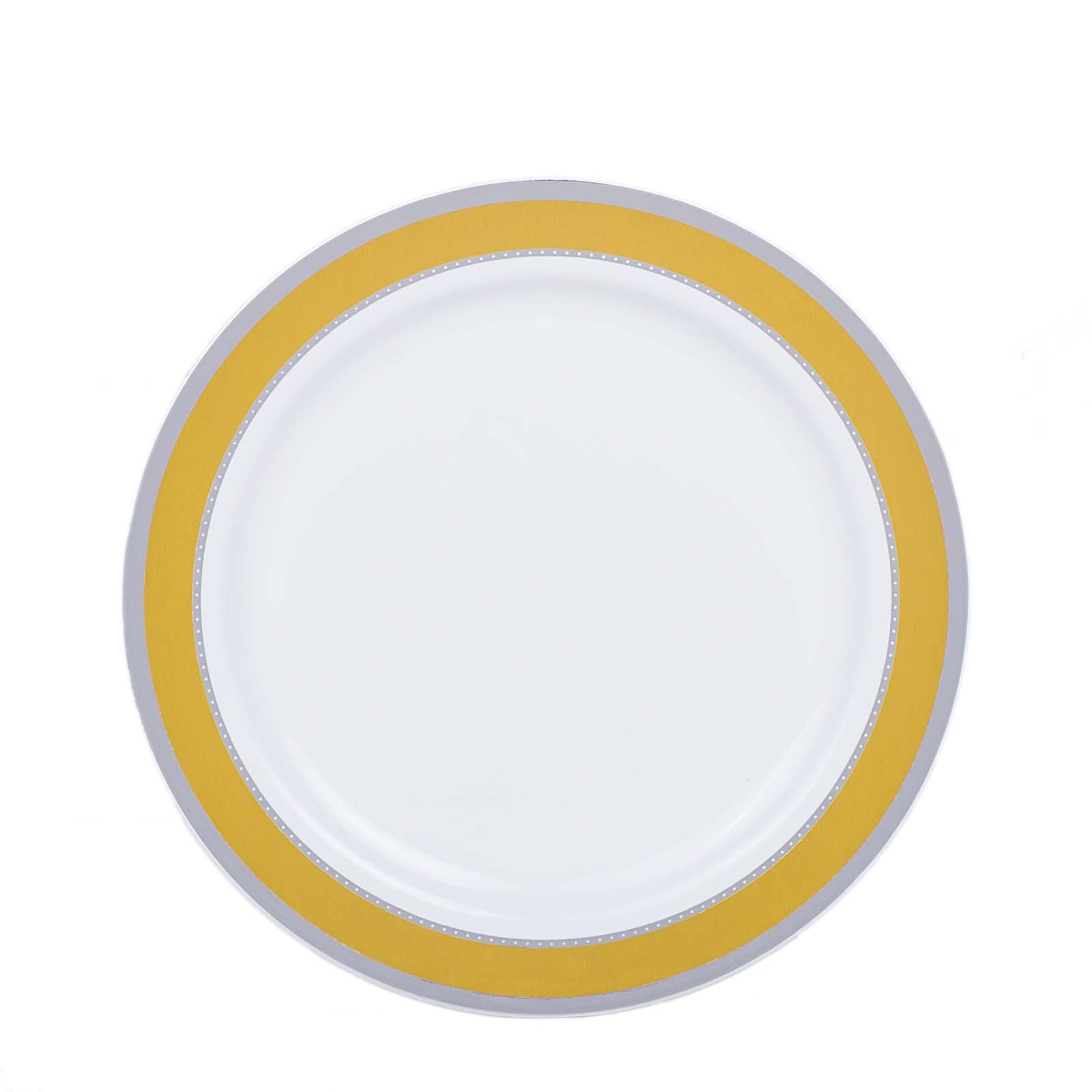 White round plastic dessert plate with gold and silver rim.