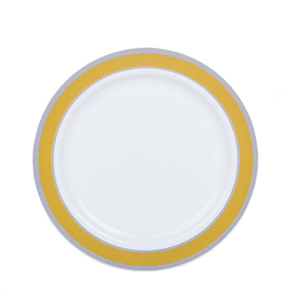 White round plastic dessert plate with gold and silver rim.