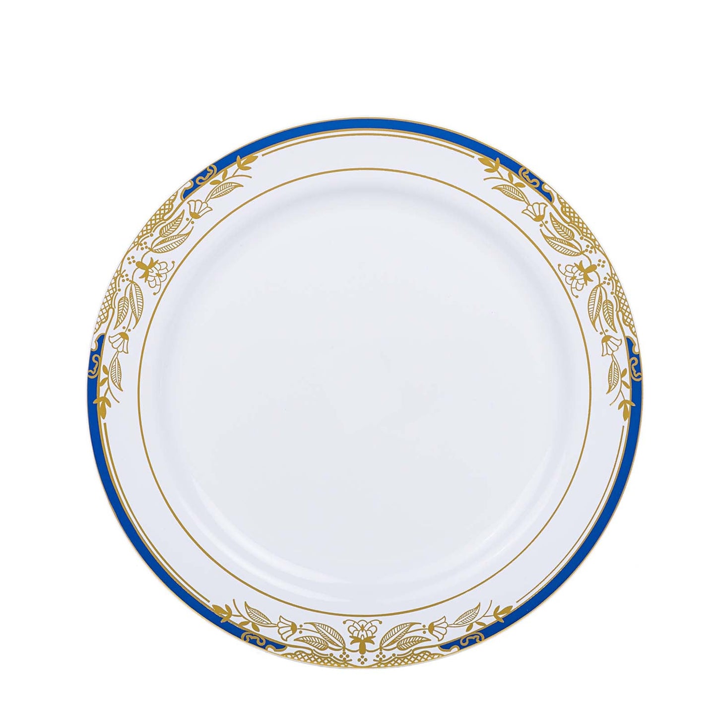 White plastic dinner plate with royal blue rim and gold vine design.